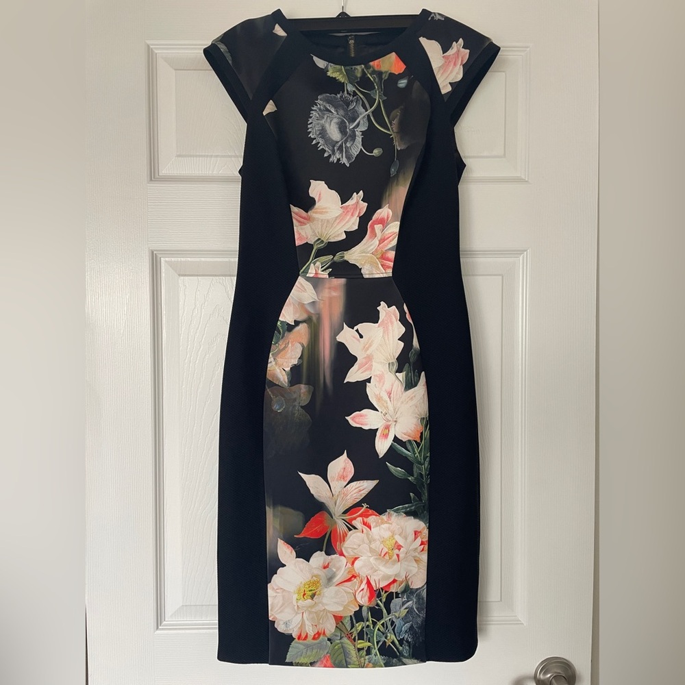 Ted Baker Black and Floral Midi Dress